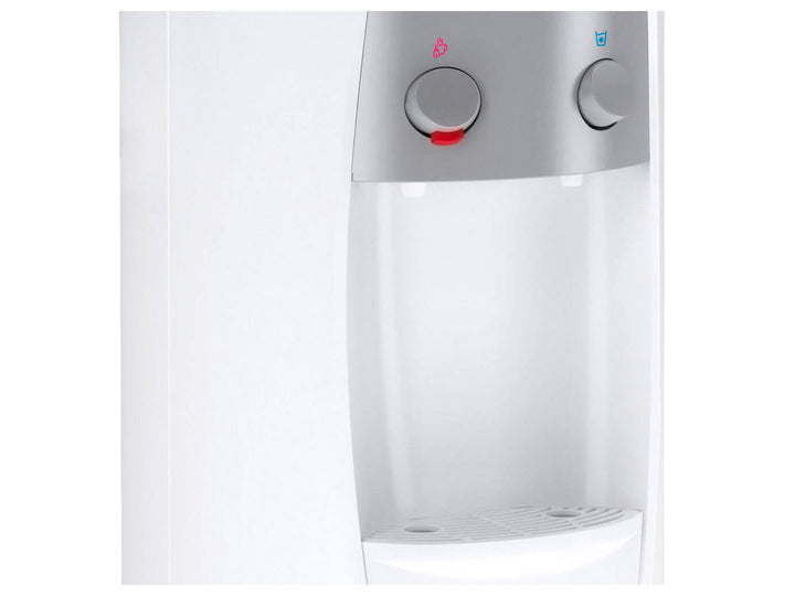 Enfriador de agua Whirlpool color blanco con panel de control plateado y dos botones de dispensado.