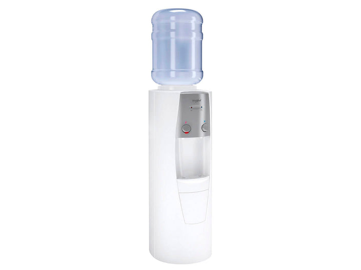 Enfriador de agua Whirlpool color blanco con panel de control plateado y dos botones de dispensado.