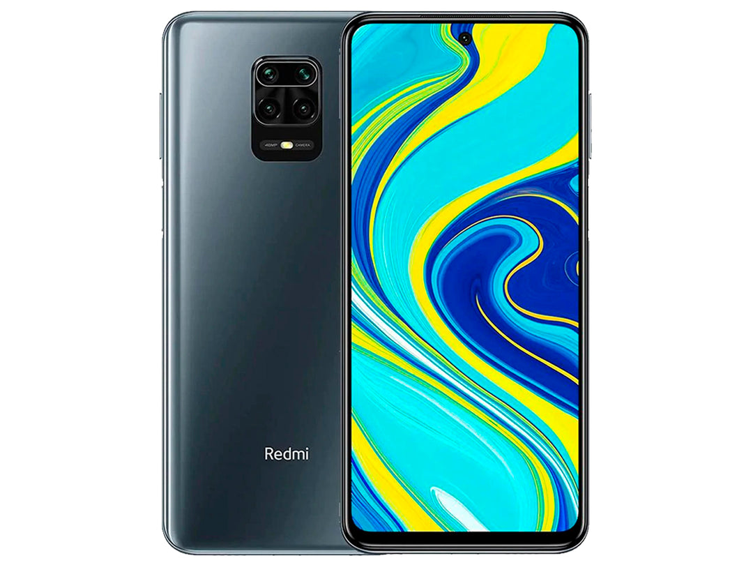 Smartphone Xiaomi Redmi Note 9S color gris, vista frontal y posterior con pantalla de 6.67 pulgadas.