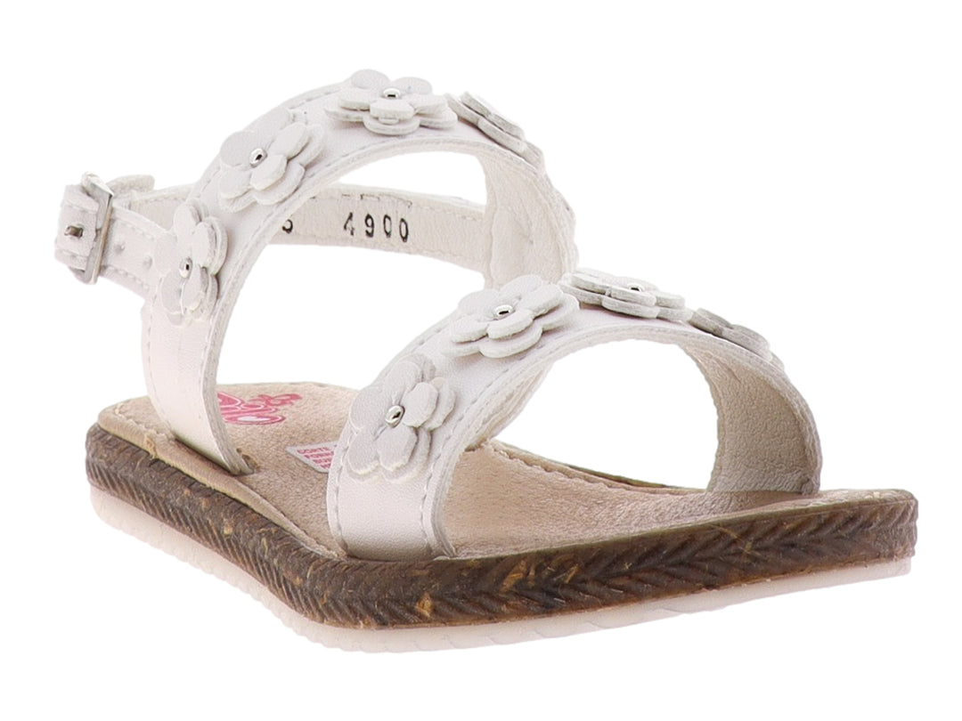 Sandalia blanca con detalles de flores y suela color café.
