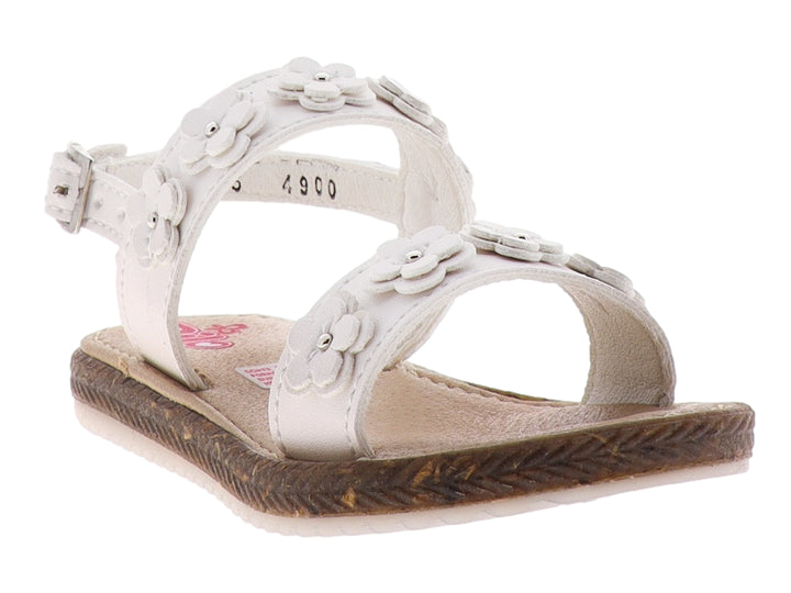 Sandalia blanca con detalles de flores y suela color café.