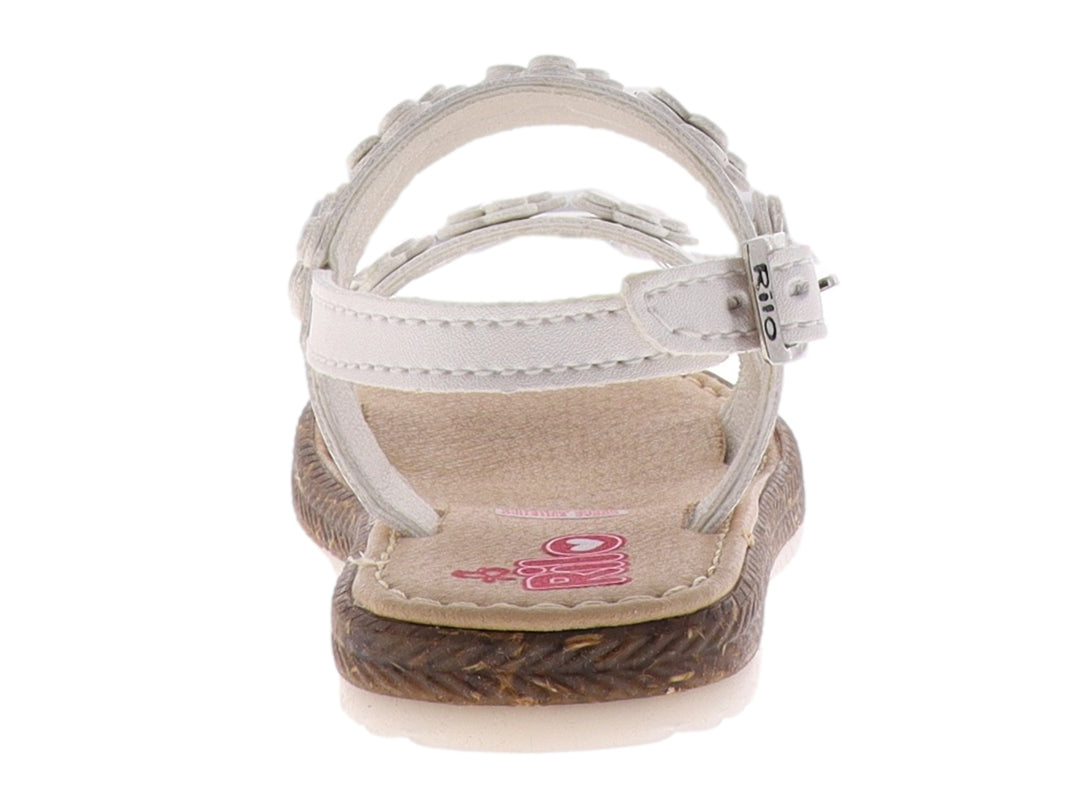 Sandalia blanca con detalles de flores y suela color café.