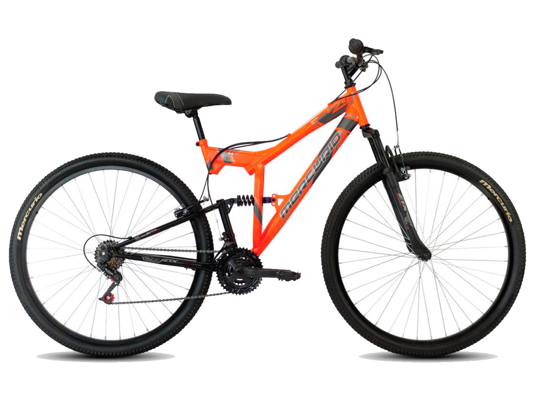 Bicicleta de montaña Mercurio DH ZTX color naranja y negro con suspensión doble y ruedas R29.