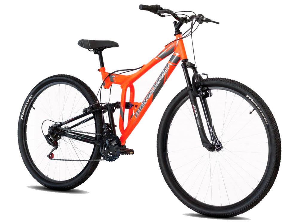 Bicicleta de montaña Mercurio DH ZTX color naranja y negro con suspensión doble y ruedas R29.
