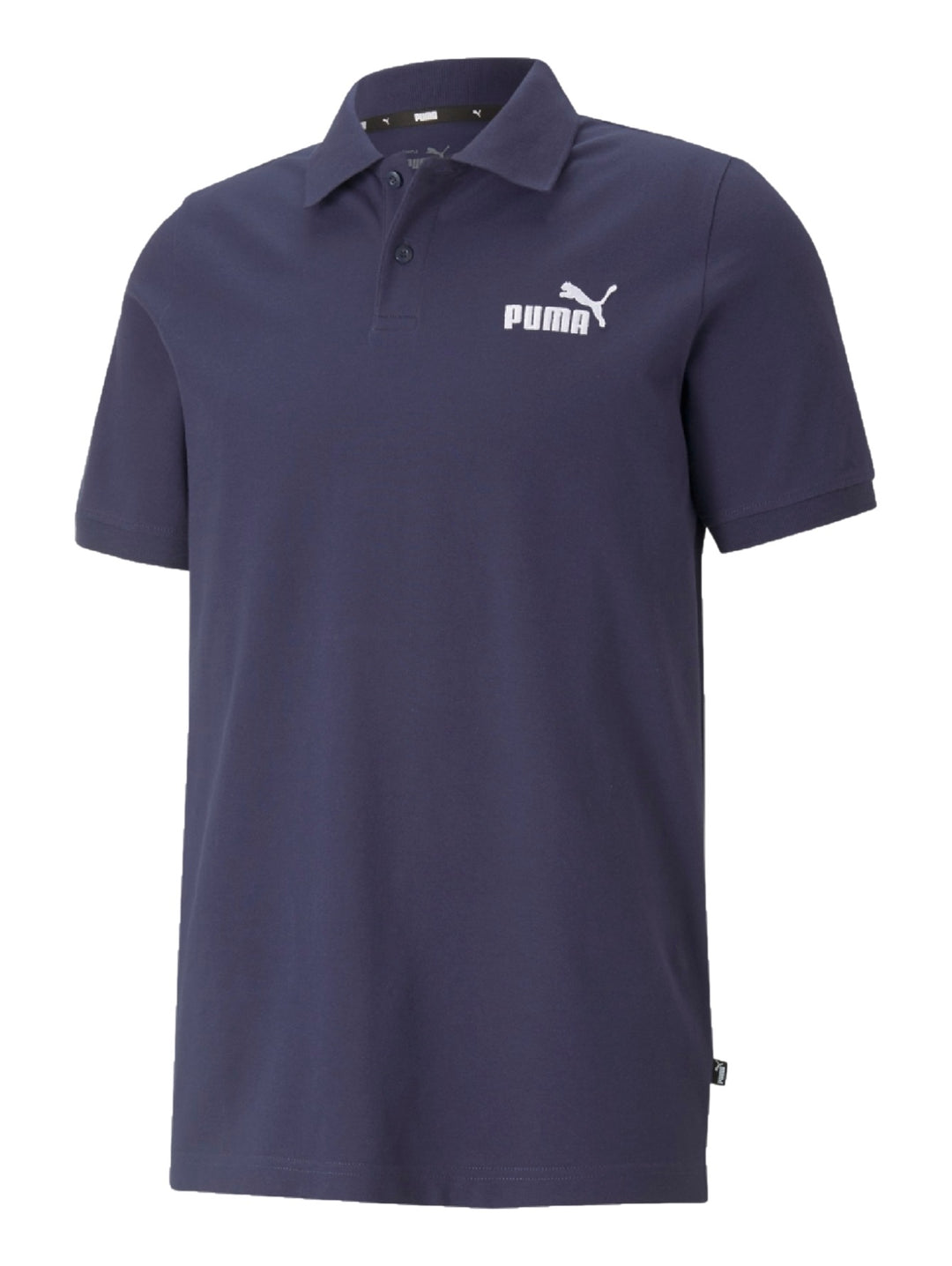 Playera polo PUMA de color azul marino con logotipo blanco en el pecho.