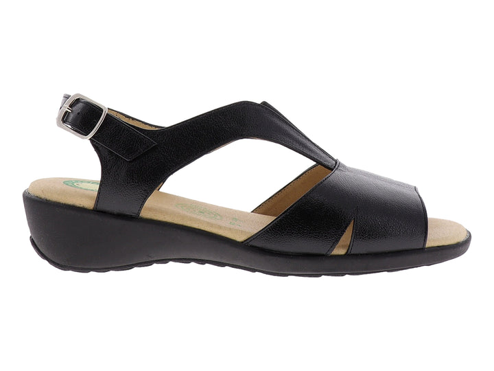 Sandalia negra de mujer con correa al tobillo y plantilla beige, diseño casual y cómodo.