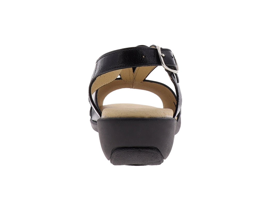 Sandalia negra de mujer con correa al tobillo y plantilla beige, diseño casual y cómodo.