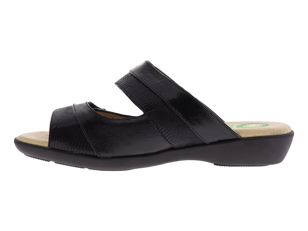 Sandalias negras con dos correas anchas, una con textura de serpiente y plantilla en color beige.