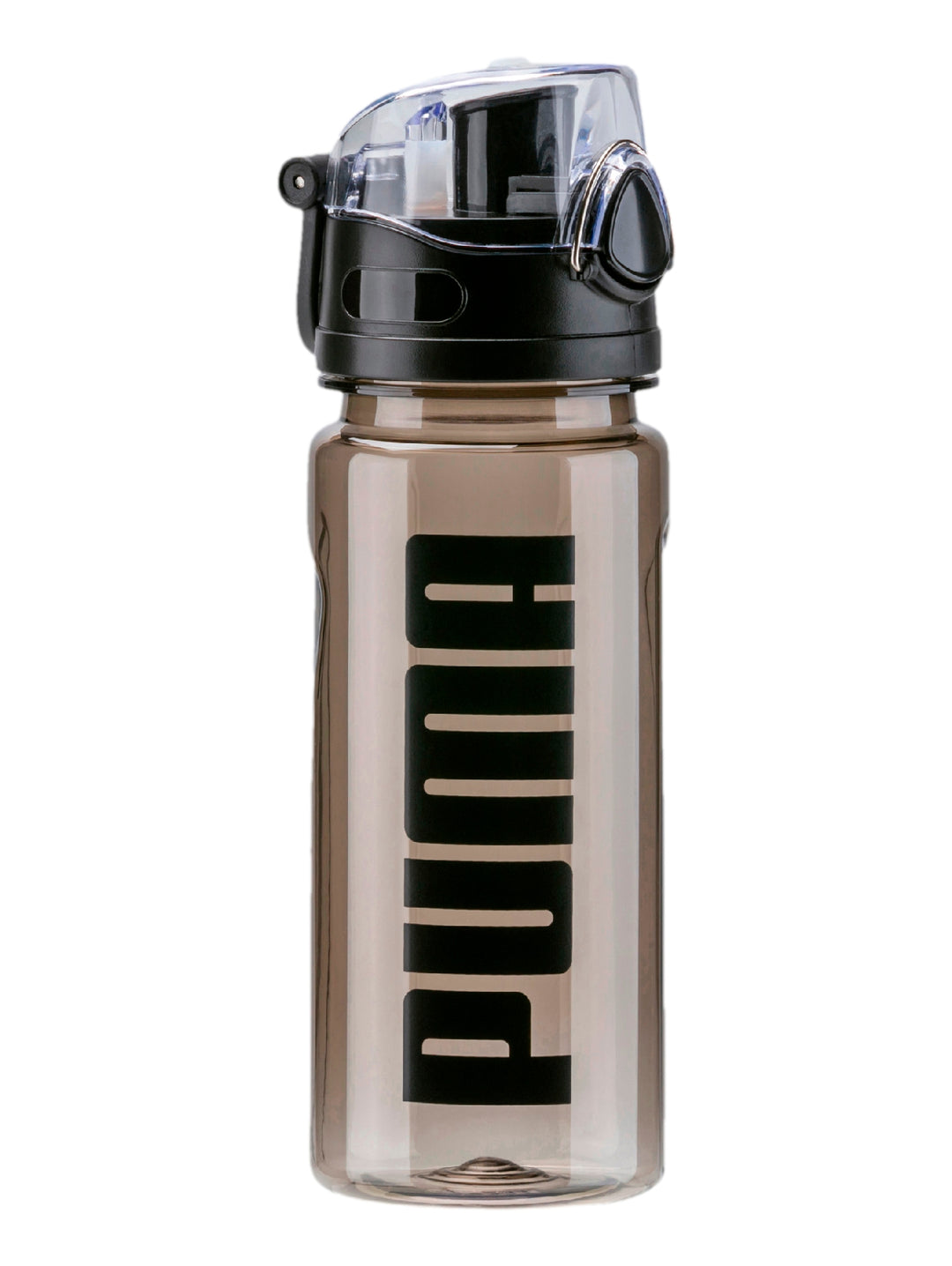 Botella de agua deportiva PUMA transparente con tapa negra y logotipo vertical en color negro.