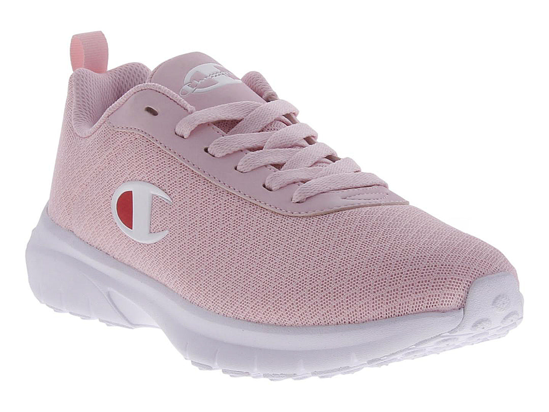 Tenis deportivos Champion color rosa con suela blanca para mujer.
