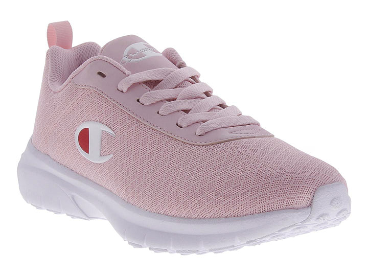 Tenis deportivos Champion color rosa con suela blanca para mujer.