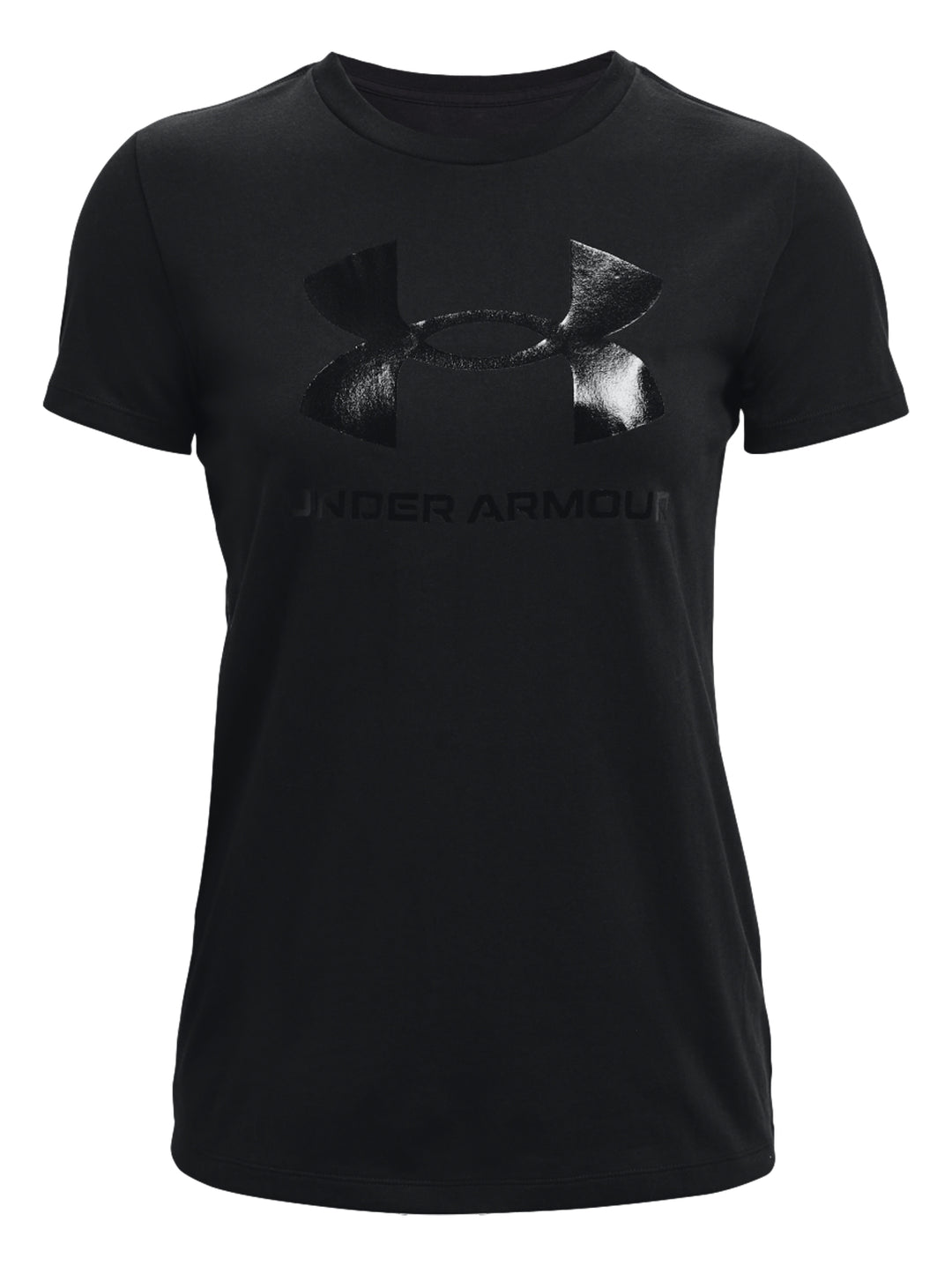 Mujer vistiendo playera deportiva Under Armour de color negro con logotipo frontal.