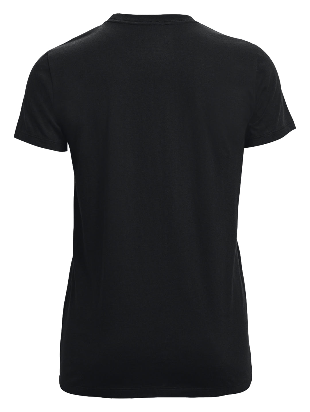 Mujer vistiendo playera deportiva Under Armour de color negro con logotipo frontal.