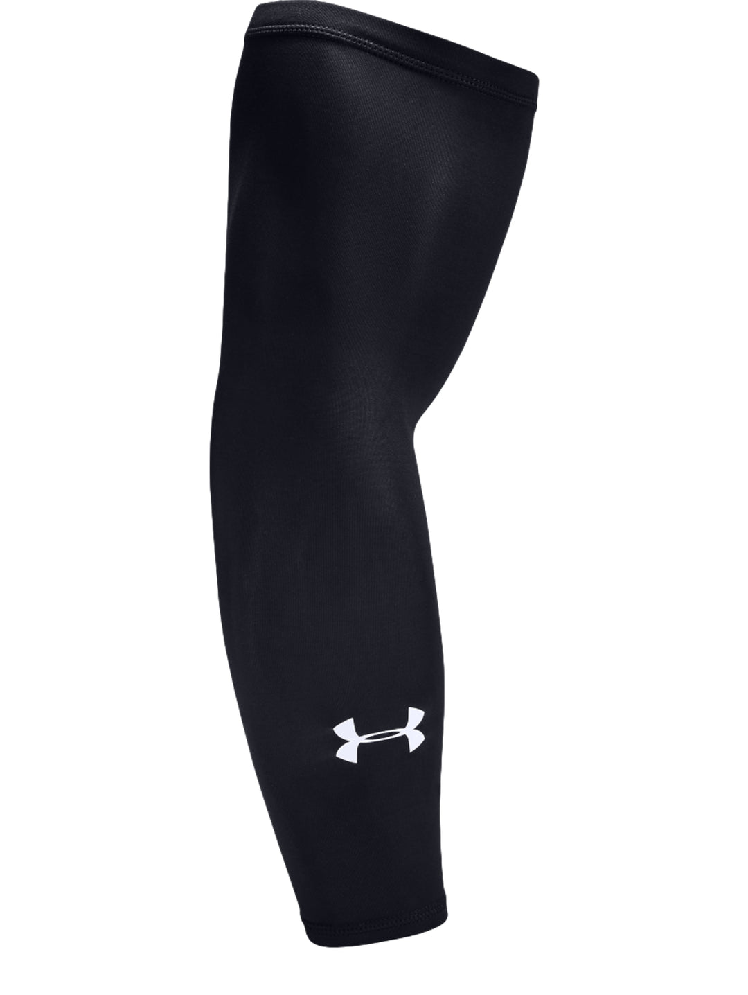Manga de compresión Under Armour color negro con logotipo blanco.