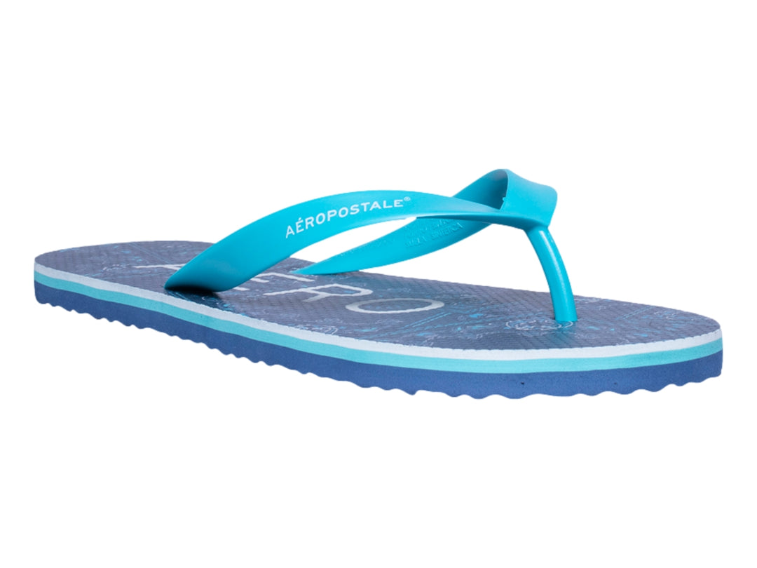 Sandalias tipo flip-flop en colores azul marino y celeste con marca Aeropostale.