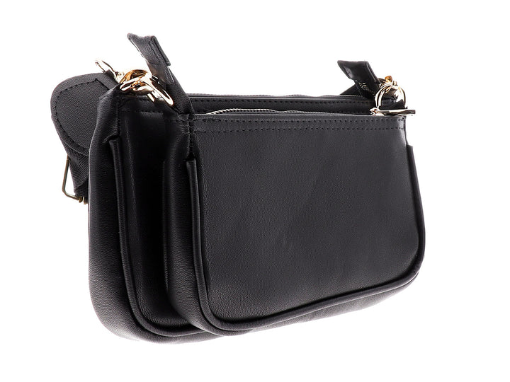 Bolso pequeño de cuero negro con cierres dorados y diseño compacto.