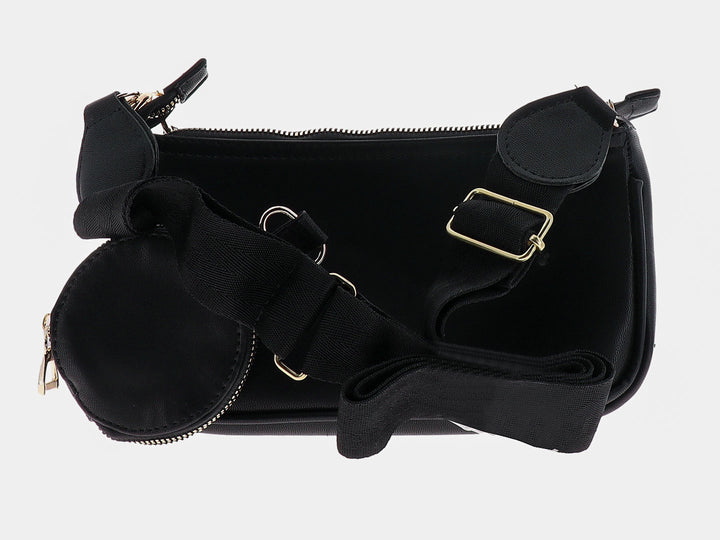 Bolso pequeño de cuero negro con cierres dorados y diseño compacto.