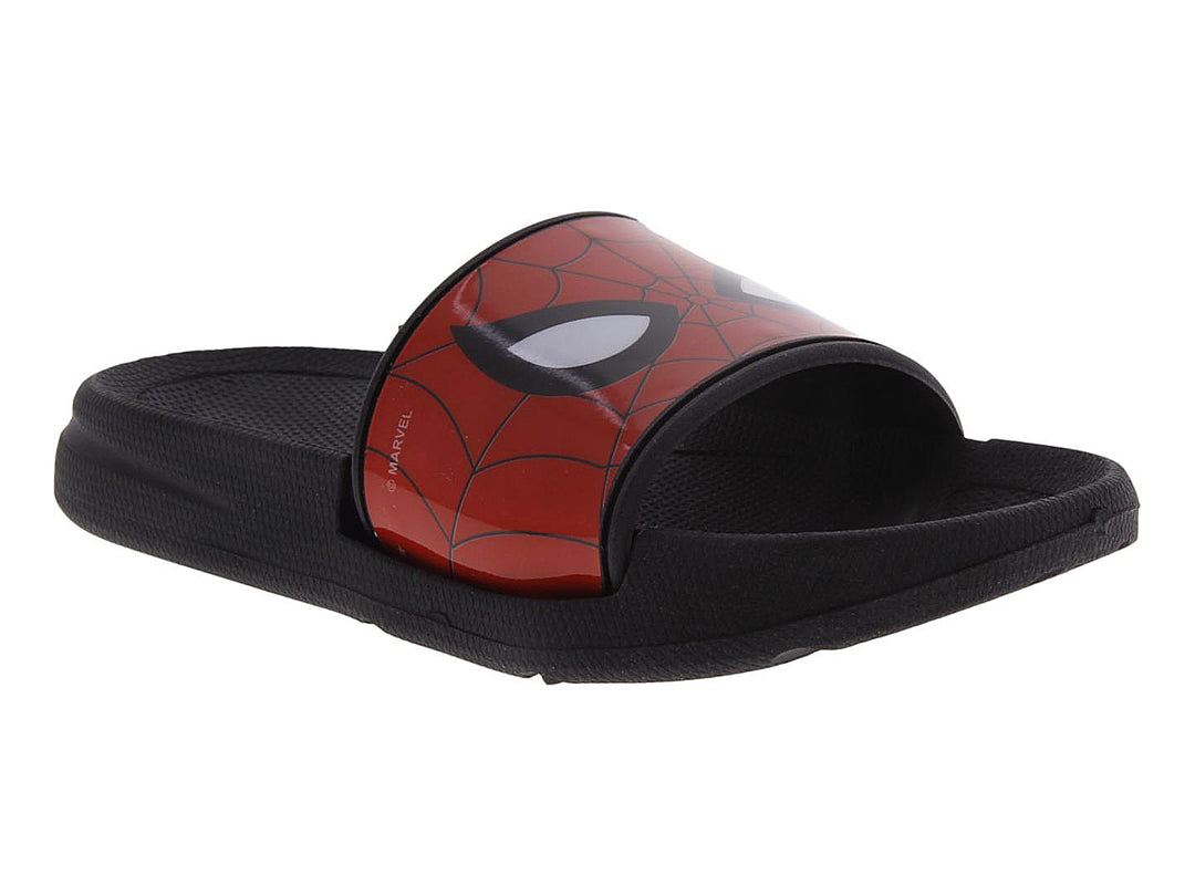 Sandalias negras con correa roja con diseño de Spider-Man.