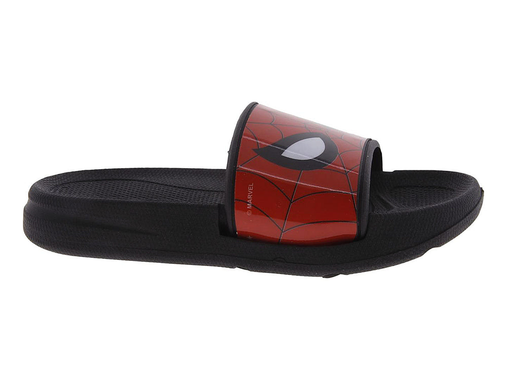 Sandalias negras con correa roja con diseño de Spider-Man.