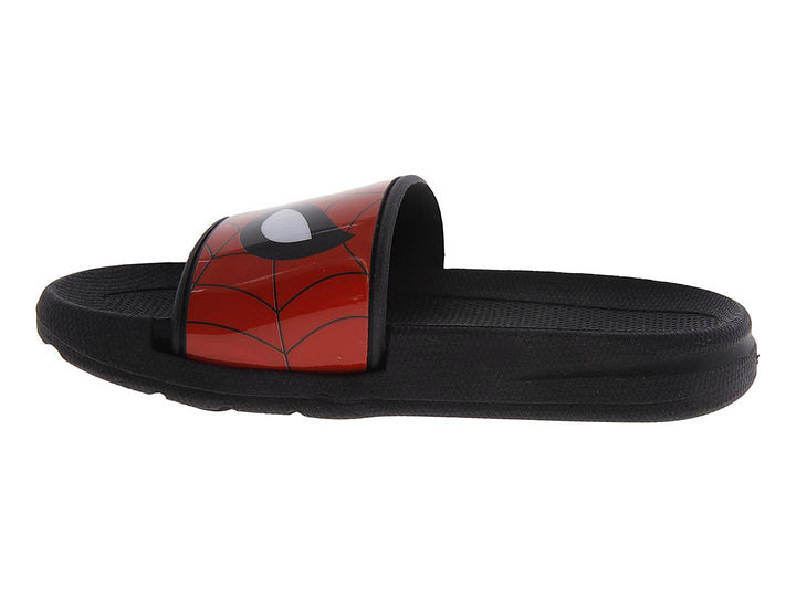 Sandalias negras con correa roja con diseño de Spider-Man.