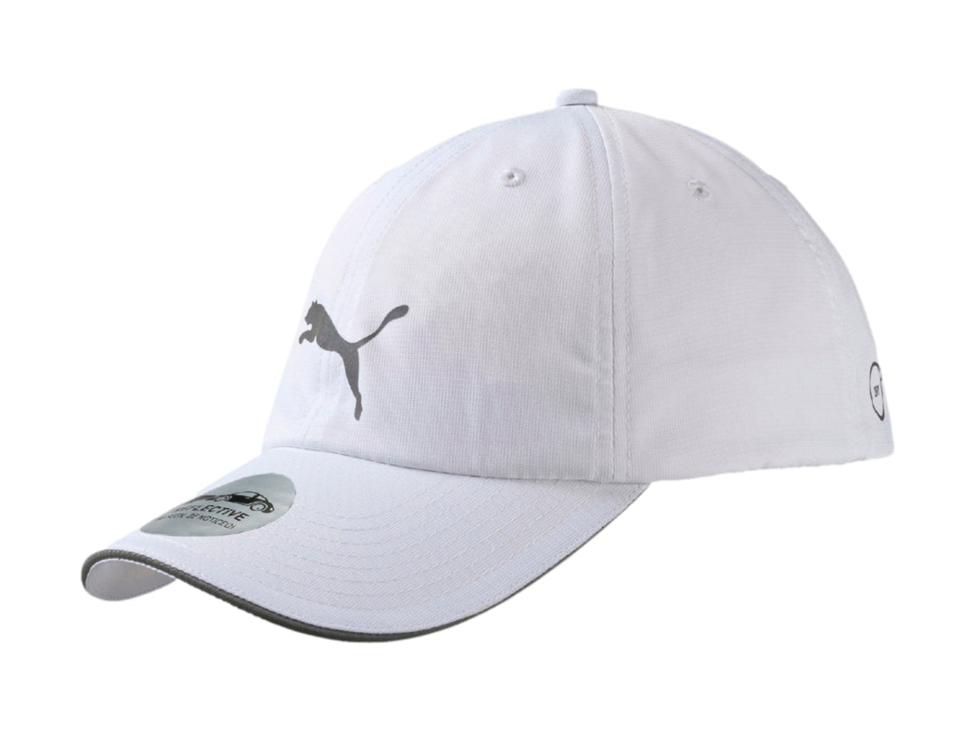 Gorra PUMA blanca con logotipo gris frontal y borde de visera en color gris.