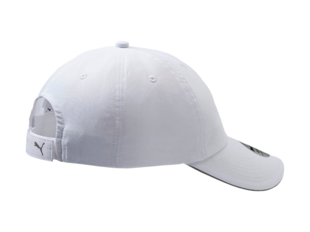 Gorra PUMA blanca con logotipo gris frontal y borde de visera en color gris.