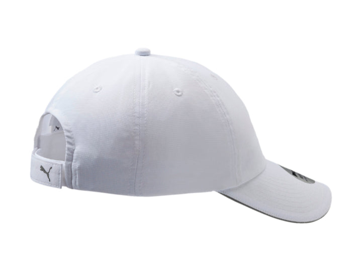 Gorra PUMA blanca con logotipo gris frontal y borde de visera en color gris.