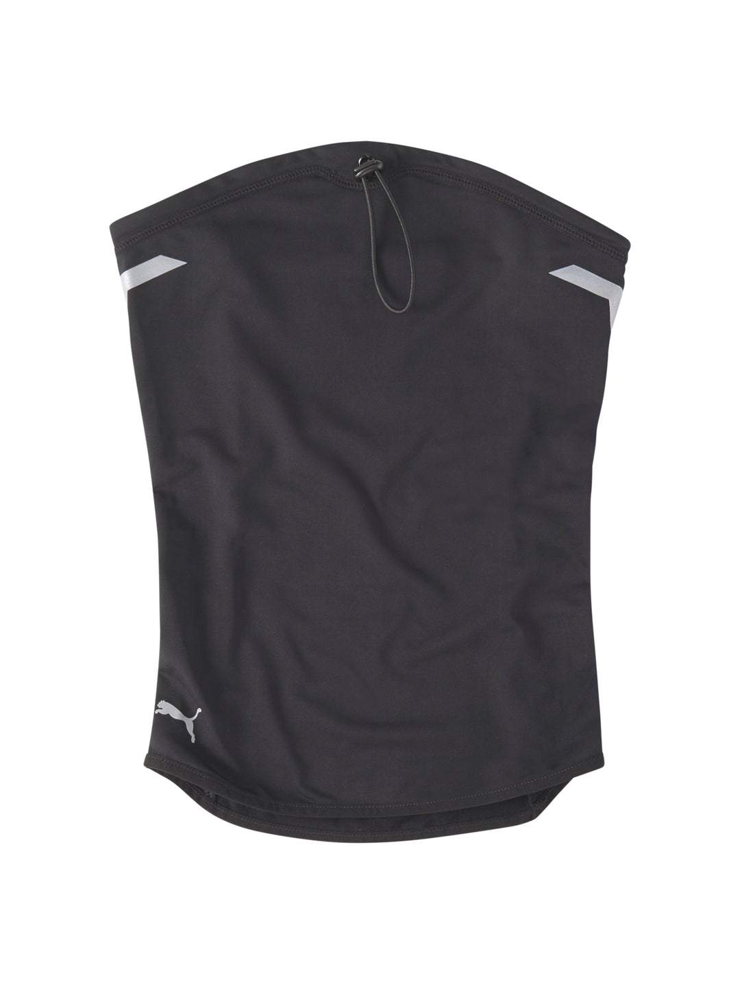 Cuellera deportiva PUMA color negro con detalles reflectantes grises y cordón ajustable en la parte superior.