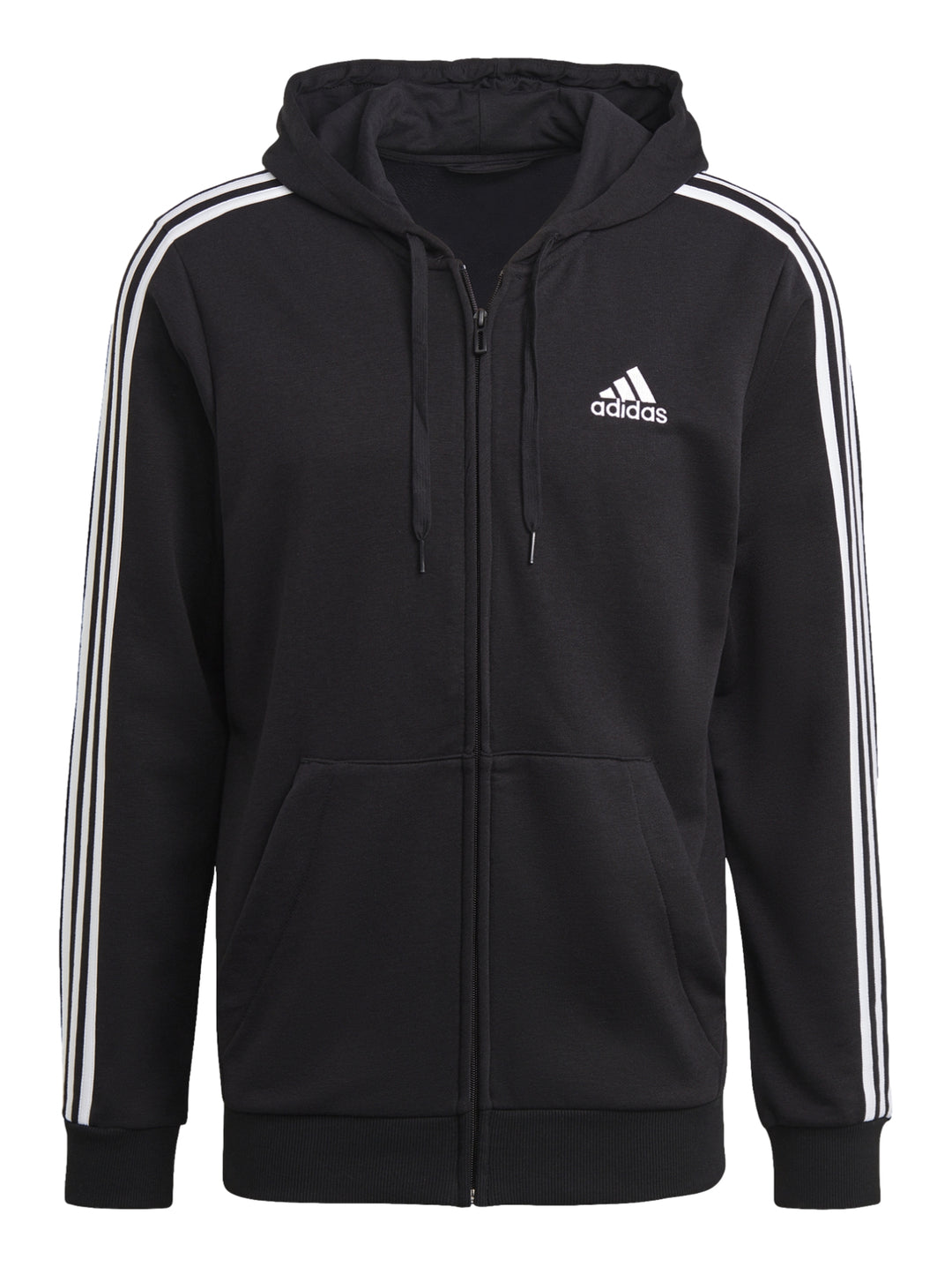 Hombre vistiendo sudadera deportiva Adidas negra con capucha, cierre completo y tres franjas blancas en las mangas.