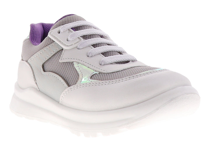 Tenis para niña color perla con detalles en morado y suela blanca, estilo deportivo.