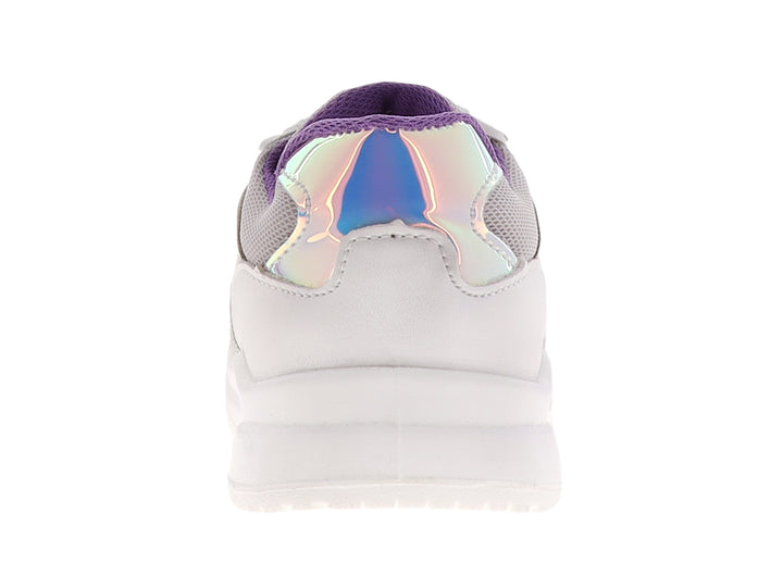 Tenis para niña color perla con detalles en morado y suela blanca, estilo deportivo.
