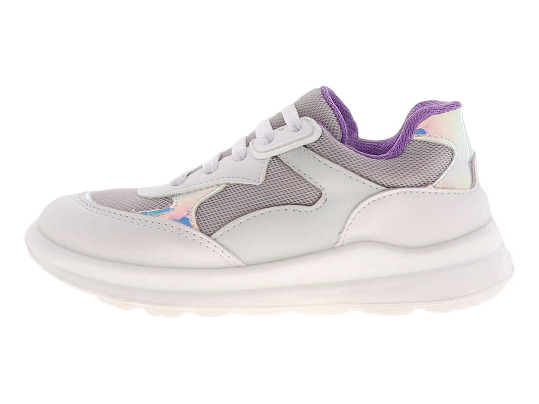 Tenis para niña color perla con detalles en morado y suela blanca, estilo deportivo.
