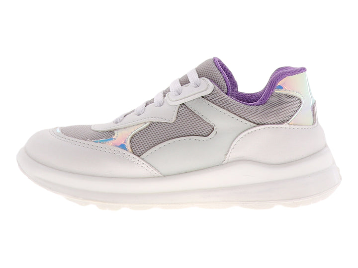 Tenis para niña color perla con detalles en morado y suela blanca, estilo deportivo.
