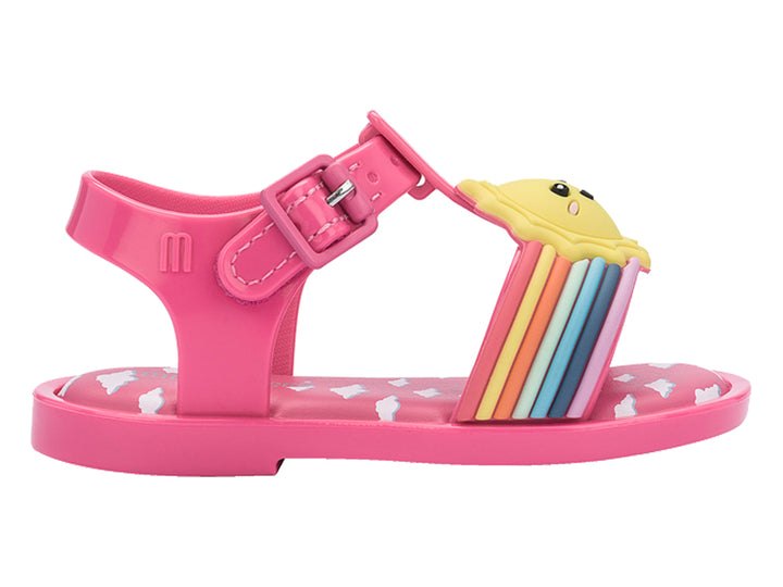 Sandalia rosa para niña de Mini Melissa con diseño de sol, arcoíris y nubes blancas.