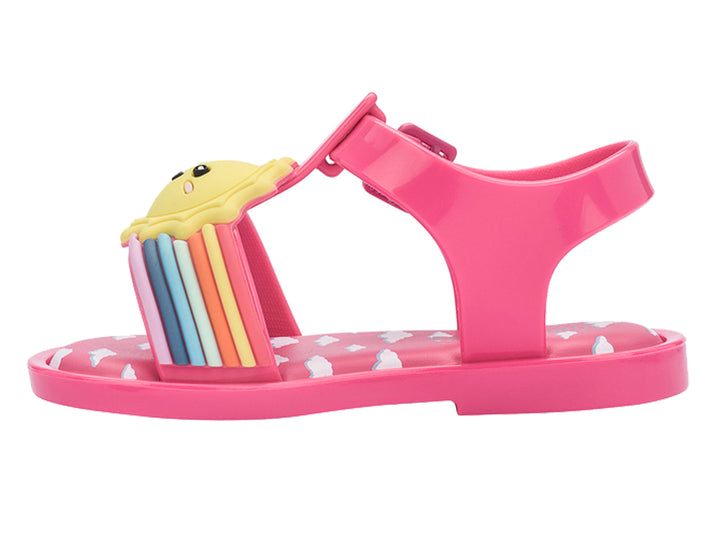 Sandalia rosa para niña de Mini Melissa con diseño de sol, arcoíris y nubes blancas.