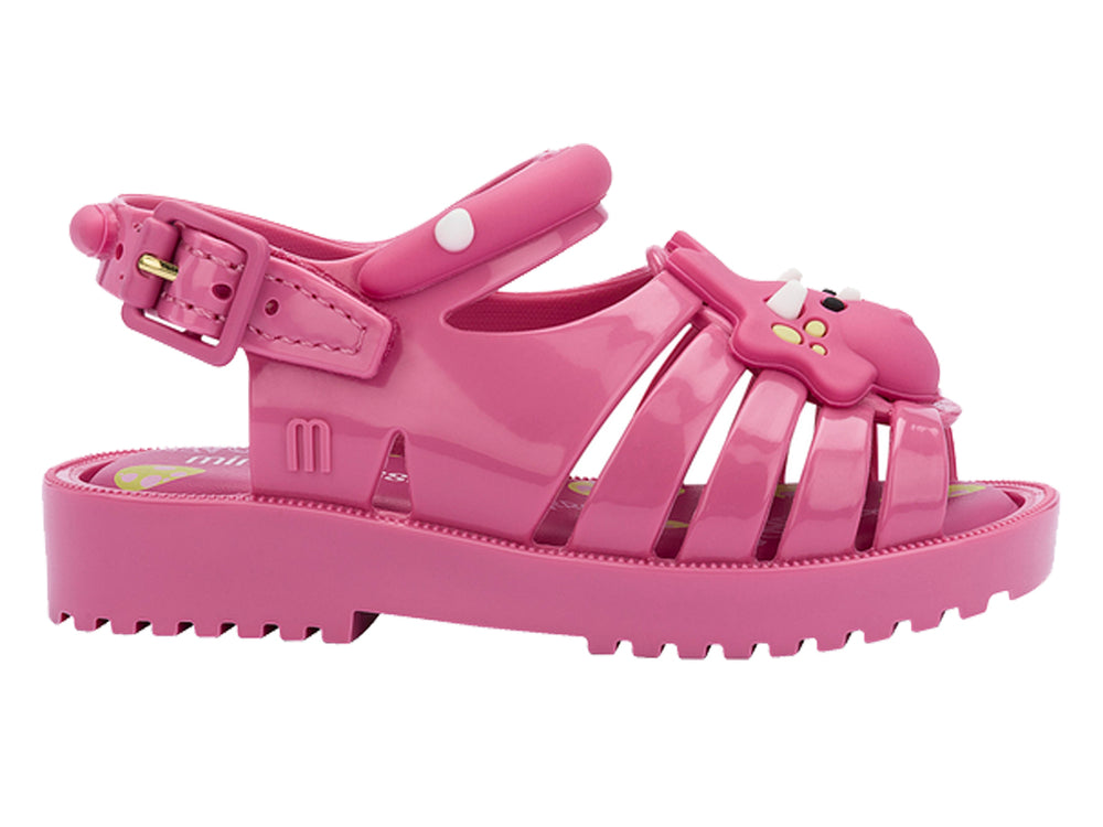 Sandalia infantil de plástico color rosa con detalle decorativo frontal y correas ajustables.