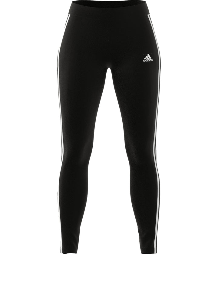 Mallas deportivas Adidas negras con tres rayas blancas laterales para mujer.