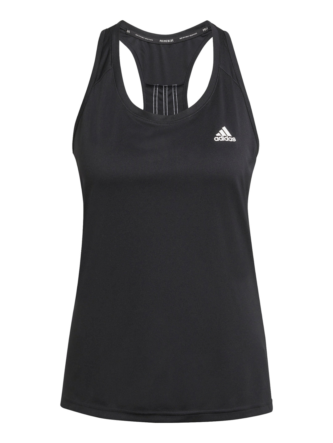 Mujer vistiendo camiseta deportiva negra sin mangas de la marca Adidas con logotipo blanco en el pecho.