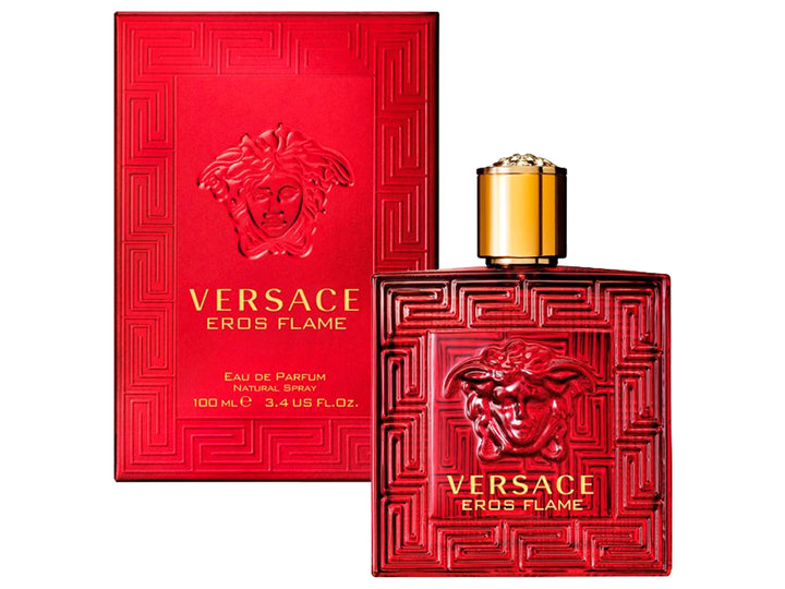 Perfume Versace Eros Flame en frasco y caja de color rojo con detalles dorados y relieve de Medusa.