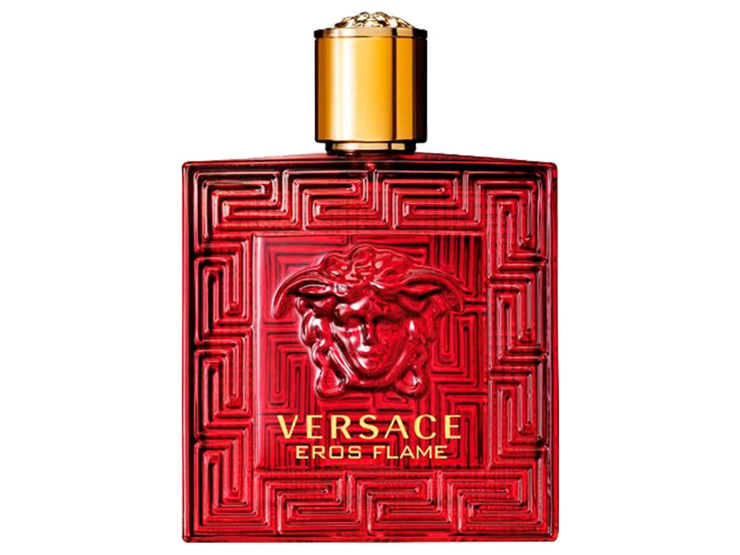 Perfume Versace Eros Flame en frasco y caja de color rojo con detalles dorados y relieve de Medusa.
