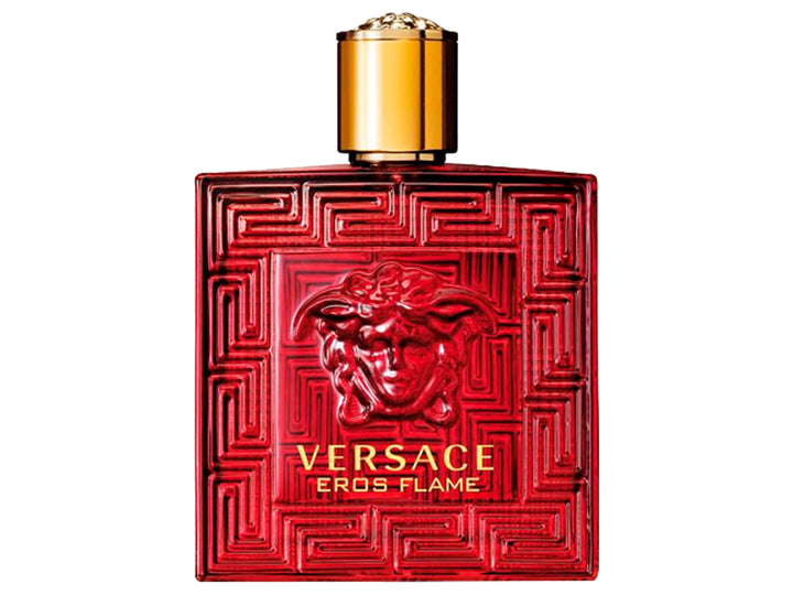 Perfume Versace Eros Flame en frasco y caja de color rojo con detalles dorados y relieve de Medusa.