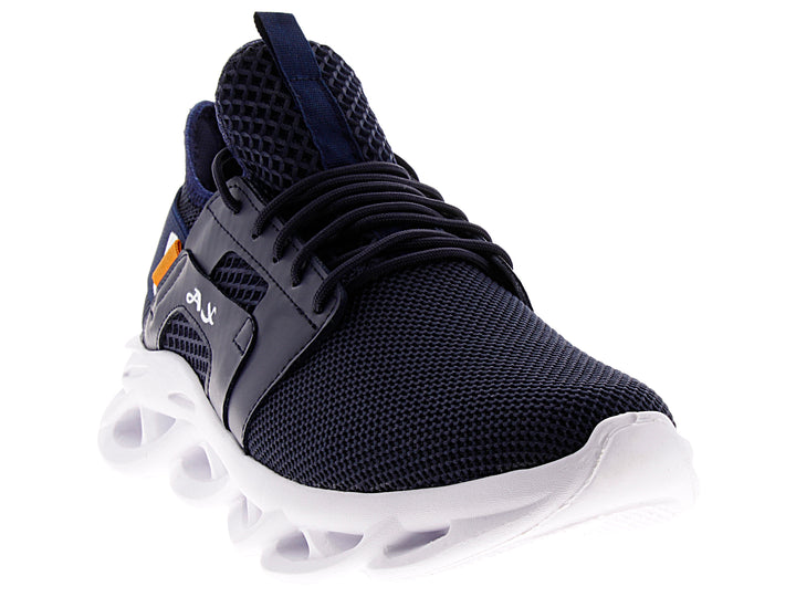 Tenis deportivos Andrax en color azul marino con suela blanca y detalles en naranja.