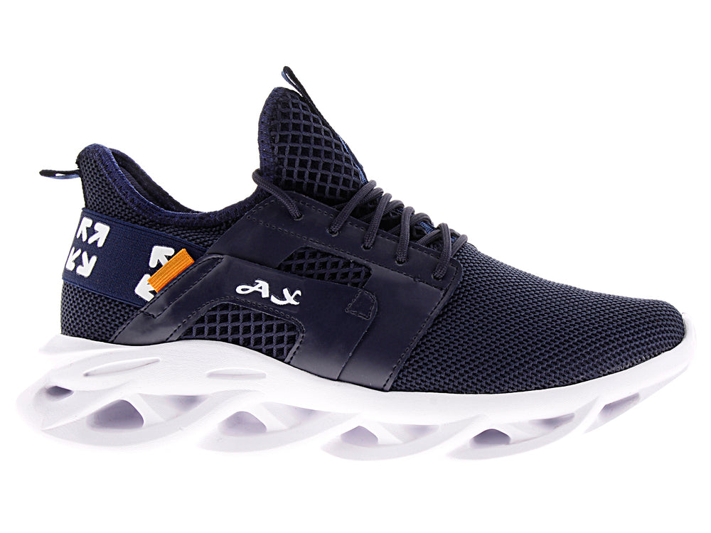 Tenis deportivos Andrax en color azul marino con suela blanca y detalles en naranja.