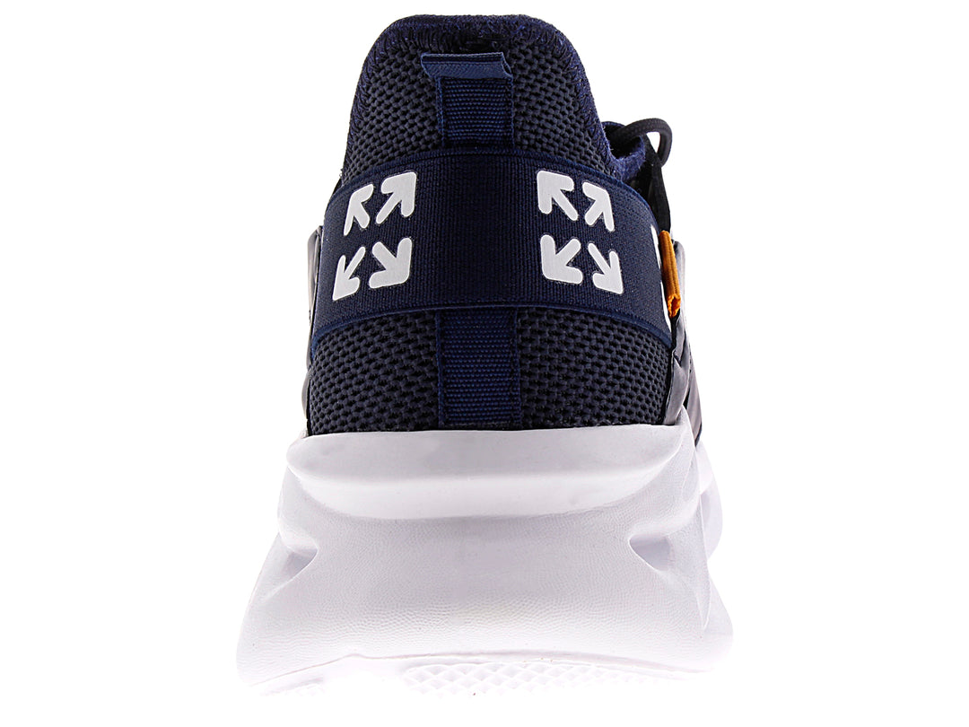 Tenis deportivos Andrax en color azul marino con suela blanca y detalles en naranja.