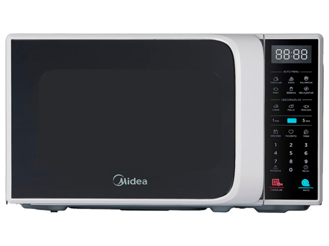 Horno microondas Midea color plata con puerta de vidrio negro y panel de control digital.