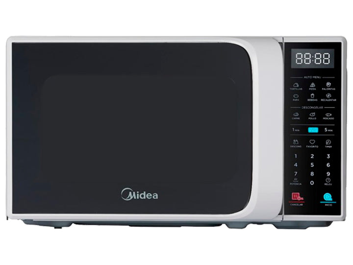 Horno microondas Midea color plata con puerta de vidrio negro y panel de control digital.