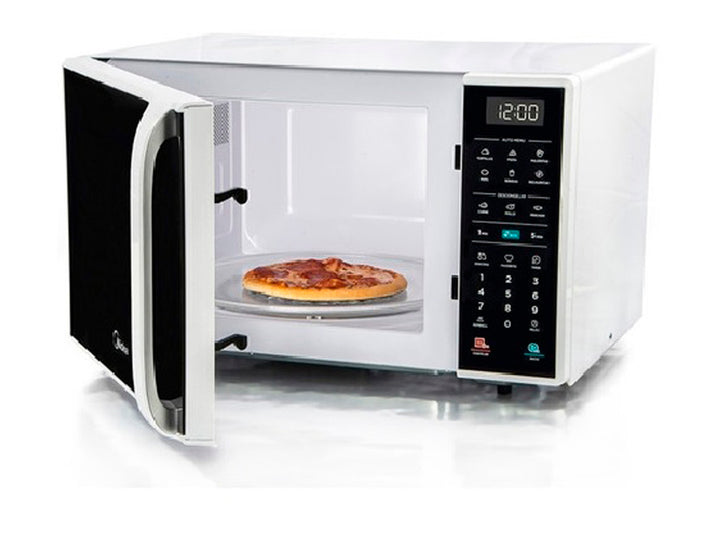 Horno microondas Midea color plata con puerta de vidrio negro y panel de control digital.