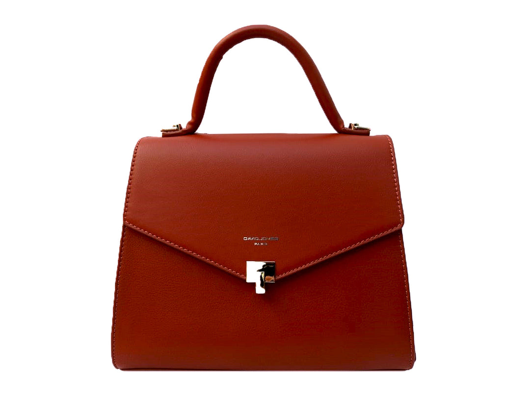 Bolsa de mano color siena con asa superior y cierre metálico de la marca David Jones.
