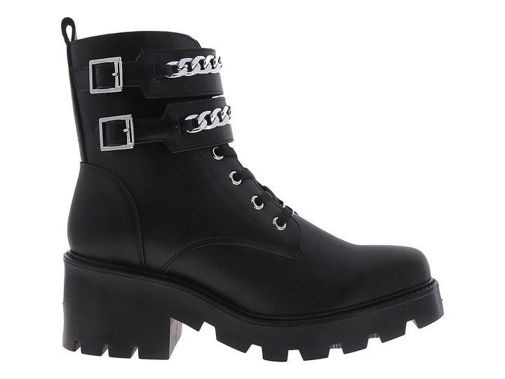 Botas negras de plataforma para mujer con detalles de cadenas plateadas y agujetas.