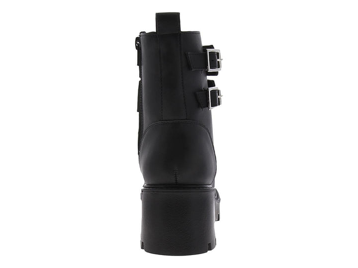 Botas negras de plataforma para mujer con detalles de cadenas plateadas y agujetas.